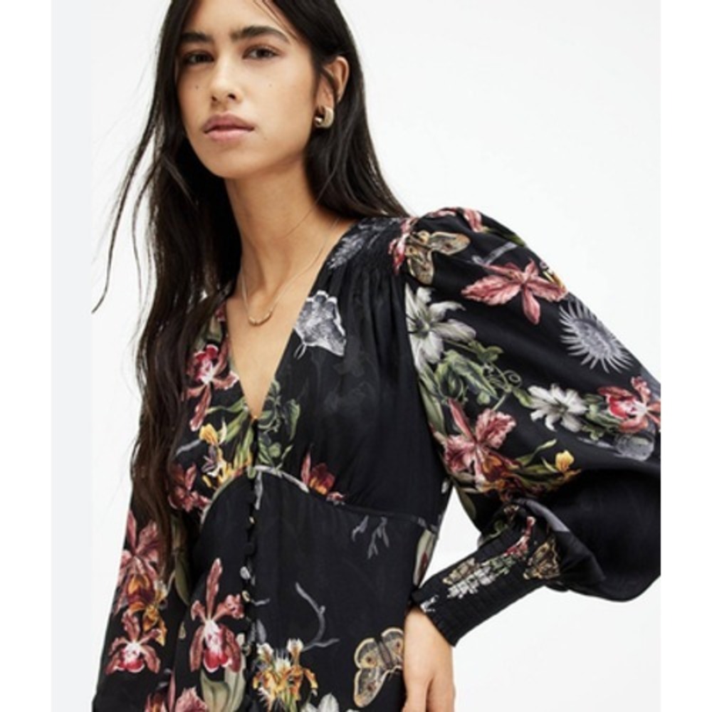 All Saints Auden‎ Sanibel Dress Womens 6 Black Floral V Neck Mini Butterfly Boho